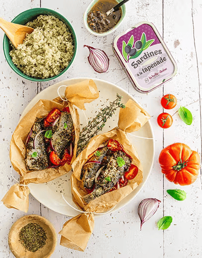 Bakaðar sardínur með tapenade en papillote